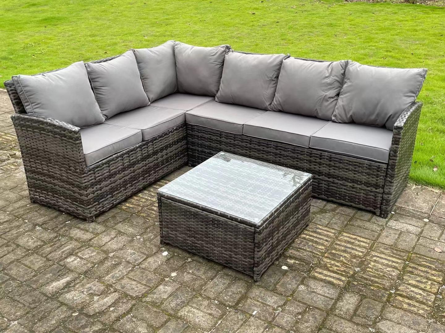 High Back Dark Mixed Grey Rattan Corner Sofa Set Outdoor Furniture Square Coffee Table 6 Seater